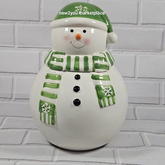 Snowman Cookie Jar Green and White w/Snowflake Scarf With Rubber Stopper 11"X6W. - Picture 7 of 13